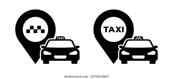 Search Taxi Icon Vector Set. Taxi Car with Map Pointer Symbol