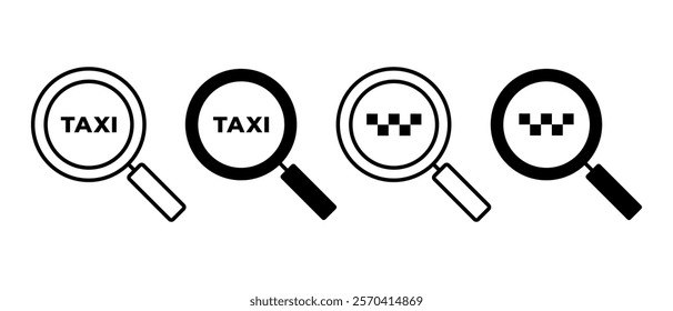 Conjunto de Vector de icono de taxi de Búsqueda. Símbolo de servicio de taxi. Señal de lupa
