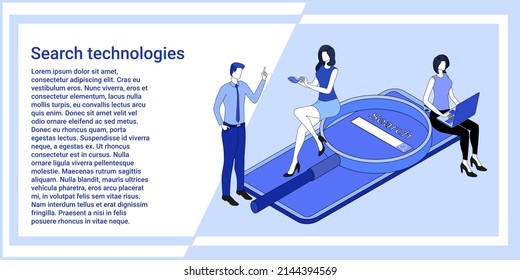 Search technologies.Web development and data retrieval in modern business conditions.The illustration in the style of the landing page is blue.