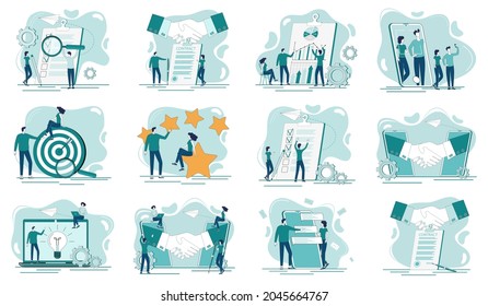 Search technologies, targeting, business agreement,handshake,business investment, new ideas.A set of flat icons vector illustrations on the topic of business and technology.