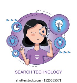 Search technology color concept with character. Cartoon girl holds a magnifier and gets an idea from the Internet