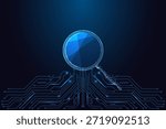 Search technology, data analysis and digital research concept with glowing low-poly magnifying glass over circuit board. Futuristic neon blue polygon vector illustration for tech, AI and innovation.