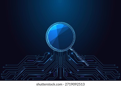 Tecnologia de pesquisa, análise de dados e conceito de pesquisa digital com lupa de baixo-poli brilhante sobre placa de circuito. Ilustração vetorial de polígono azul neon futurista para tecnologia, IA e inovação.
