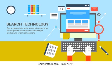 Search Technology. Search engine optimization, website SEO flat vector banner with marketing icons  