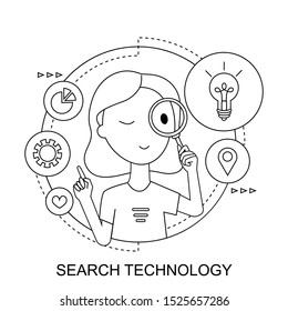 Search technology line concept with character. Cartoon girl holds a magnifier and gets an idea from the Internet