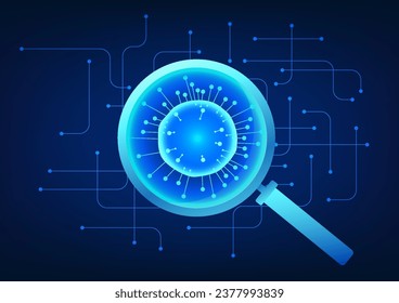 Search technology Magnifying glass that looks at viruses Equipped with a technological circuit board on the back. Refers to finding viruses on the technology side. for Cybersecurity and Data Privacy