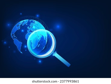 Search technology A magnifying glass that looks at the globe Equipped with technological connection lines It means finding information all over the world via the internet to use in your work.