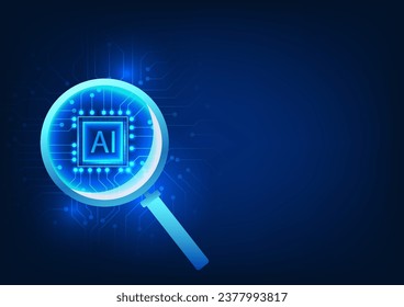 Search technology that uses artificial intelligence to help find answers It can also create images, Magnifying glass that looks at AI microchips connected to technology circuits.