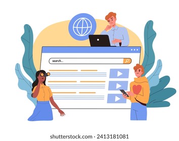 Search term on internet concept. Men and woman near online searching. Information and knowledges at website. SEO and SMM specialits. Cartoon flat vector illustration isolated on white background