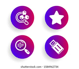 Search text, Chemistry lab and Star icons simple set. Halftone dots button. Usb flash sign. Find word, Lab research, Best rank. Memory stick. Technology set. Classic flat search text icon. Vector