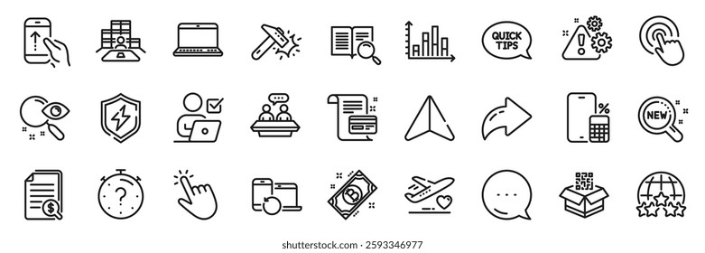 Search text, Diagram graph and Financial documents line icons pack. Share, Message, Paper plane icons. Medical flight, Search, New products web icon. Rating stars, Qr code, Bitcoin pictogram. Vector