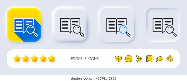 Search text line icon. Neumorphic, Flat shadow, 3d buttons. Find word sign. Open book symbol. Line search text icon. Social media icons. Vector