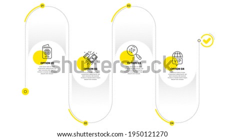Search text, Passport and Payment line icons set. Timeline process infograph. Vip internet sign. Find word, Id document, Money. Exclusive privilege. Business set. Infographics plan timeline. Vector