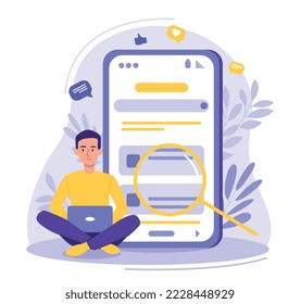 Search theme concept. Man with laptop sits in front of smartphone with magnifying glass. Gadgets and devices. Information and knowledge, modern technologies. Cartoon flat vector illustration