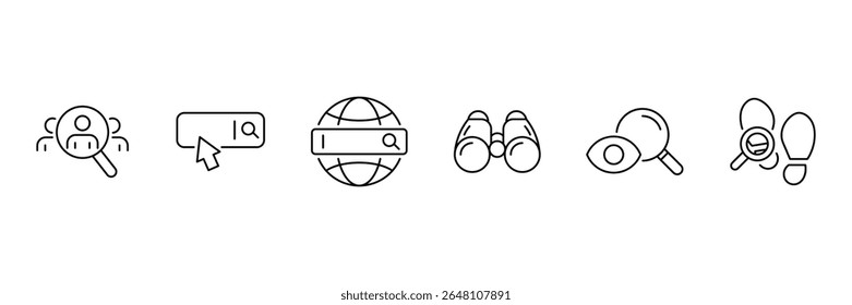 Conjunto de iconos de línea delgada de Búsqueda. Contiene SEO, marketing digital, análisis de datos, gestión, investigar, encontrar y más. Lupa, buscar, icono de zoom. Ilustración vectorial.