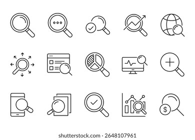 Search thin line icons set. Containing SEO, Digital marketing, data analysis, management, investigate, find and more. Magnifying glass, find, zoom icon. Vector illustration.
