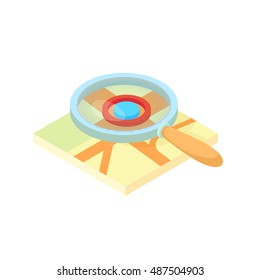 Search through a magnifying glass on map icon in cartoon style isolated on white background. Navigation symbol vector illustration