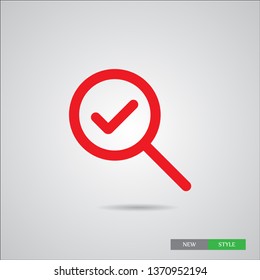 Search and tick icon in simple design.  Illustration of a loupe . A searching sign.