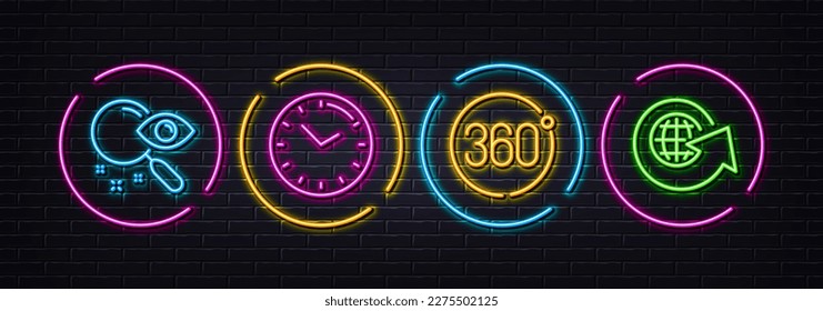 Iconos de línea mínimos de búsqueda, tiempo y 360 grados. Luces 3d láser neón. Iconos del mundo. Para web, aplicación, impresión. Buscar documento, reloj, rotación completa. En todo el mundo. Vector