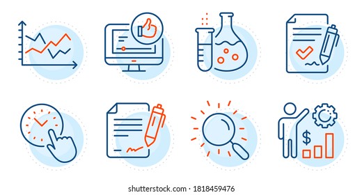 Search, Time management and Approved agreement signs. Like video, Chemistry flask and Signing document line icons set. Employees wealth, Diagram chart symbols. Thumbs up, Laboratory. Vector