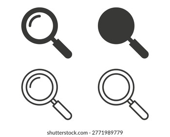 Search tool collection represented in flat vector style, including zoom, discovery, interface, analysis, and research.