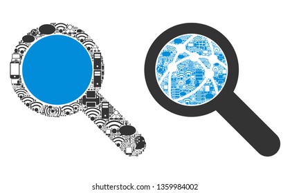 Search Tool composition icon organized for bigdata illustrations. Vector search tool mosaics are organized from computer, calculator, connections, wi-fi, network symbols into abstract pattern.