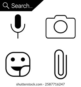 Search tool icon set. Magnifying glass icon, camera icon, emoji vector, Search bar clip vector illustration. 
