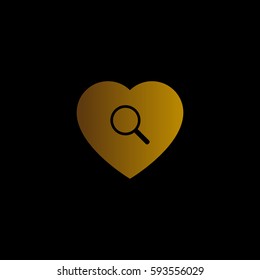 search tool on heart, search for lover, golden heart flat icon gold color on white background