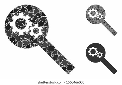 Search tools mosaic of bumpy parts in variable sizes and shades, based on search tools icon. Vector bumpy parts are organized into collage. Search tools icons collage with dotted pattern.