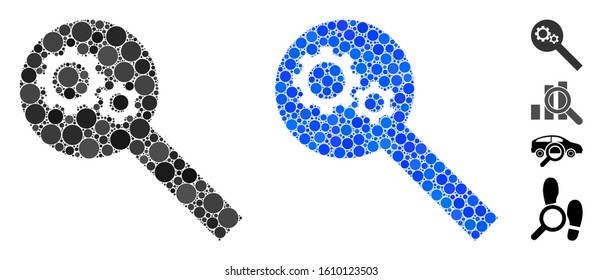 Search tools mosaic of round dots in various sizes and shades, based on search tools icon. Vector round dots are grouped into blue collage. Dotted search tools icon in usual and blue versions.