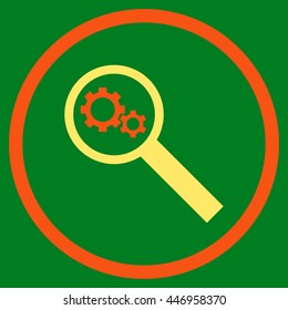 Search Tools vector bicolor icon. Image style is a flat icon symbol inside a circle, orange and yellow colors, green background.