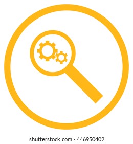 Search Tools vector icon. Image style is a flat icon symbol inside a circle, yellow color, white background.