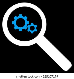 Search Tools vector icon. Style is bicolor flat symbol, blue and white colors, rounded angles, black background.