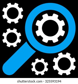Search Tools vector icon. Style is bicolor flat symbol, blue and white colors, rounded angles, black background.