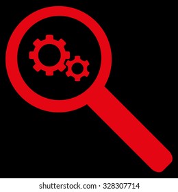 Search Tools vector icon. Style is flat symbol, red color, rounded angles, black background.