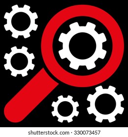 Search Tools vector icon. Style is bicolor flat symbol, red and white colors, rounded angles, black background.