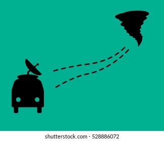 Search for tornadoes. A car with a dotted line and tornado. Flat design.