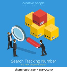 Search tracking number flat 3d isometry isometric online order shipping business concept web vector illustration. Pile of yellow parcel box businessman holding magnifier. Creative people collection.