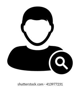 Search user icon vector male person profile avatar symbol with magnifying glass in flat color glyph pictogram illustration
