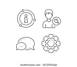 Search User line icon. Chat bubble, info sign elements. Profile Avatar with Magnifying glass sign. Male Person silhouette symbol. Linear search people outline icon. Information bubble. Vector