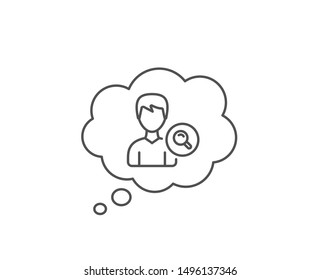 Search User line icon. Chat bubble design. Profile Avatar with Magnifying glass sign. Male Person silhouette symbol. Outline concept. Thin line search people icon. Vector