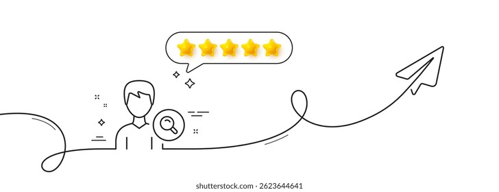 Search User line icon. Continuous line with share plane. Profile Avatar with Magnifying glass sign. Male Person silhouette symbol. Five star rate review in speech bubble. Vector