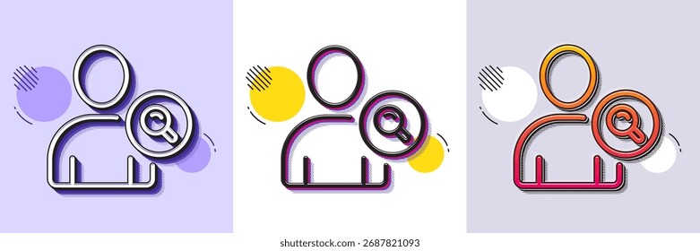 Search User line icon. Halftone dotted pattern. Gradient icon with grain shadow. Profile Avatar with Magnifying glass sign. Person silhouette symbol. Line find user icon. Various designs. Vector
