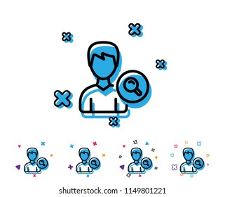 Search User line icon. Profile Avatar with Magnifying glass sign. Male Person silhouette symbol. Line icon with geometric elements. Bright colourful design. Vector