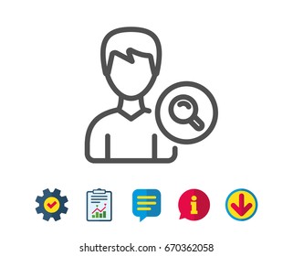 Search User line icon. Profile Avatar with Magnifying glass sign. Male Person silhouette symbol. Report, Service and Information line signs. Download, Speech bubble icons. Editable stroke. Vector
