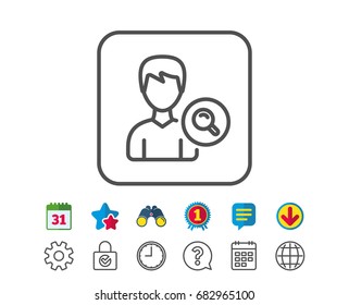 Search User line icon. Profile Avatar with Magnifying glass sign. Male Person silhouette symbol. Calendar, Globe and Chat line signs. Binoculars, Award and Download icons. Editable stroke. Vector