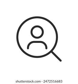 Search user, linear style icon. User profile icon with a magnifying glass, indicating search or find user. Editable stroke width.