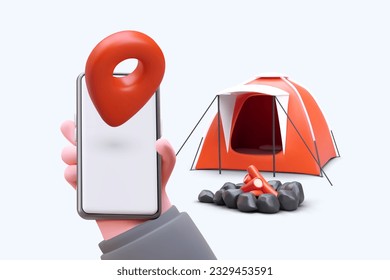 Buscar ubicación de vacaciones. Navegador turístico. Orientación local. Tecnología moderna. Mano 3D sosteniendo un smartphone con una gran geoetiqueta roja. Tienda con entrada abierta, lugar para bivouac