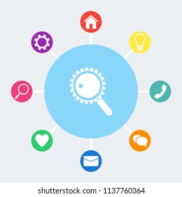 Search vector icon. Bonus icons: house, light bulb, phone, speech bubble, email, heart, magnifying glass, settings.