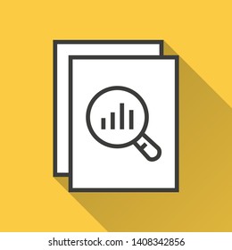 Search vector icon with long shadow. Simple illustration isolated on yellow background for graphic and web design.